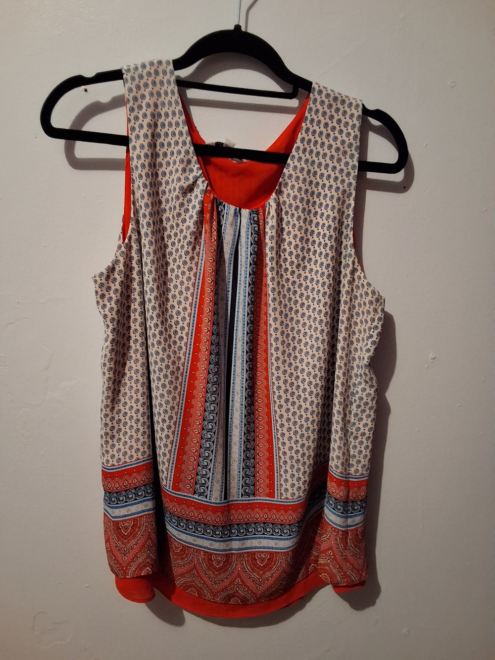 Rose & Olive Red and Blue Printed Pleated Tank Top